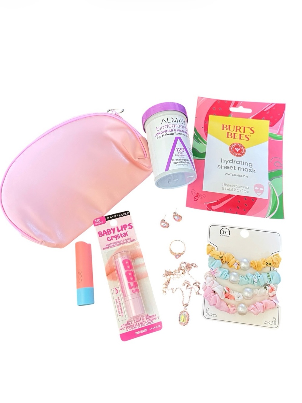Bundle beauty Pink Cosmetic Pouch with Lip Balm & Rose Gold Jewelry